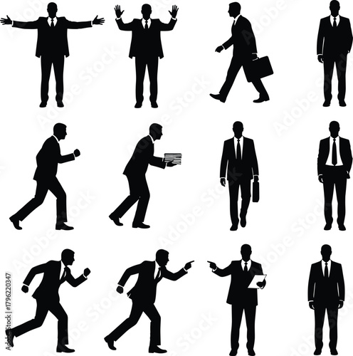 Silhouettes of businessmen in various poses showing walking, running, presenting, and working actions representing office activity and teamwork concept