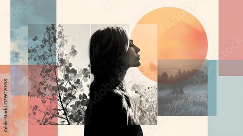 Abstract composition blends portrait silhouette with natural scenes using geometric overlays