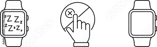 Smartwatch icon set with sleep tracking, touch control, and blank screen interface, modern wearable technology concept vector illustration