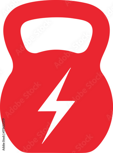 Red kettlebell with a white lightning bolt symbol, on a transparent background