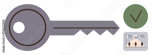 Metal key symbolizes access, green checkmark for approval, and a chart implies data analysis and teamwork. Ideal for security, business access, technology, success, approval, permission