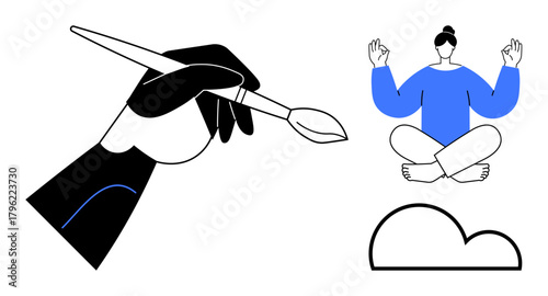 Hand gripping a brush beside meditating person on a floating cloud. Ideal for creativity, mindfulness, balance, innovation, wellness, self-discovery, simplicity. A minimalistic flat metaphor