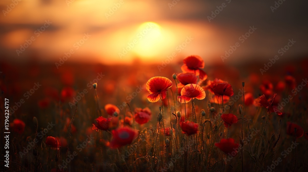 Obraz premium Enchanting sunset behind a poppy field, with vibrant red petals contrasting beautifully against the golden hues of the setting sun. Dreamy atmosphere captured in a serene and peaceful moment.