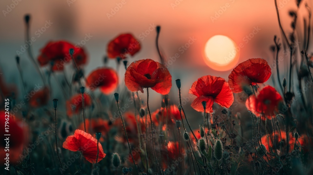 Obraz premium Enchanting sunset behind a poppy field, with vibrant red petals contrasting beautifully against the golden hues of the setting sun. Dreamy atmosphere captured in a serene and peaceful moment.