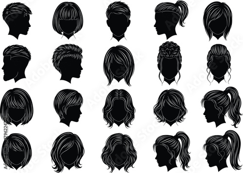 Different hairstyle silhouettes, men and women haircuts, fashion hair design collection, beauty salon concept, modern haircut styles, vector illustration art