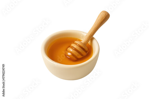 Honey dipper in bowl with golden liquid on transparent background