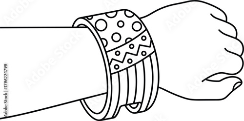 Hand wearing stylish patterned bangles, black and white line art illustration, jewelry design outline, fashion accessory drawing concept