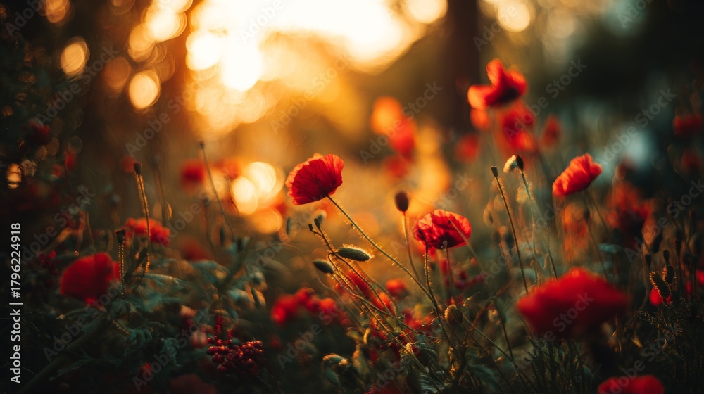 Obraz premium Enchanting sunset behind a poppy field, with vibrant red petals contrasting beautifully against the golden hues of the setting sun. Dreamy atmosphere captured in a serene and peaceful moment.