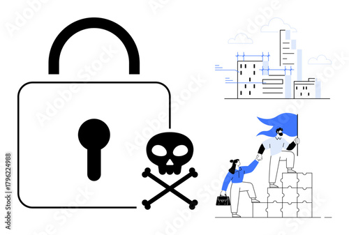 Large padlock with skull and crossbones symbolizing cybersecurity threats, team climbing blocks showcasing teamwork, and skyscrapers under construction. Ideal for online security, teamwork
