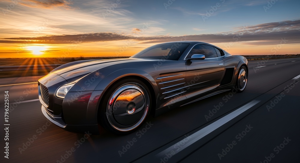 Fototapeta premium Black Luxury Sports Car Driving on Highway at Sunset
