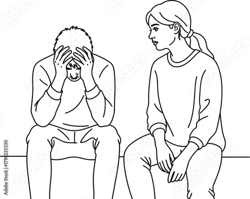 Sad man comforted by woman, emotional support illustration, mental health awareness concept, empathy, depression help, relationship care, stress relief drawing