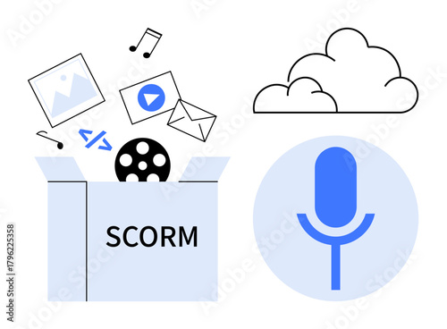 Box labeled SCORM with media elements thumbs up video, music, email, and images microphone icon and cloud. Ideal for e-learning, online courses, content sharing, cloud storage, multimedia