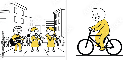 Happy people enjoying city life with street music performance and bicycle riding, urban lifestyle and outdoor leisure illustration concept
