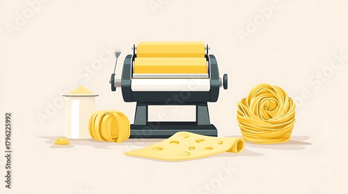 Culinary Flat Vector Of A Pasta Maker With Rolled Food Illustration