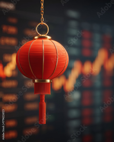 A vibrant red Chinese lantern symbolizing prosperity hangs against a backdrop of a fluctuating global financial stock market chart
