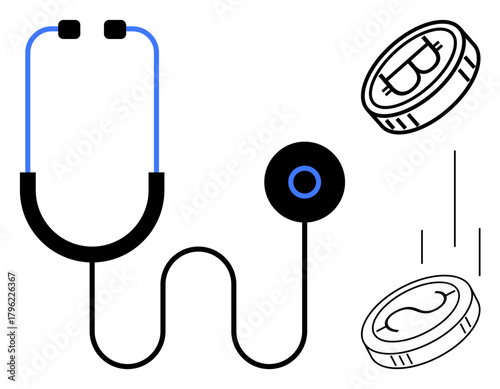 Stethoscope connected to falling cryptocurrency coins symbolizing finance, health, and digital economy. Ideal for fintech, cryptocurrency, healthcare analytics, economic balance, digital investments