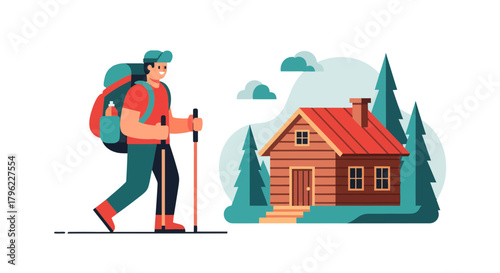 Adventurous Hiker Walking Near A Cozy Cabin In A Forest Environment Illustration
