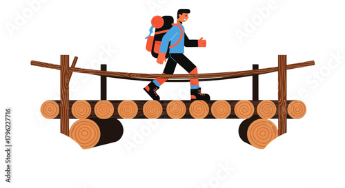 Adventurous Man Traversing a Wooden Bridge with Backpack Against a Black Backdrop Illustration