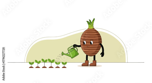 Animated Root Vegetable Gardening With Watering Can And Seedlings On Black Background