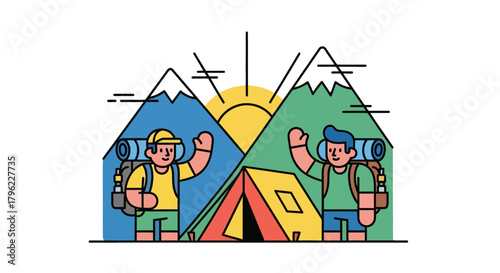 Adventurous Icons: Animated Backpackers Celebrating Against Sun and Mountain Backdrop