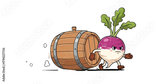 Animated Turnip Character Pushing a Wooden Barrel with a Determined Expression