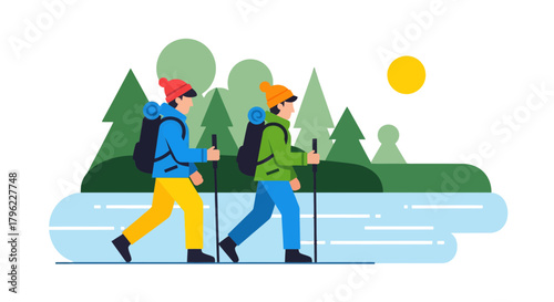 Adventurous Hiking Couple Exploring Serene Nature With Backpacks And Walking Sticks