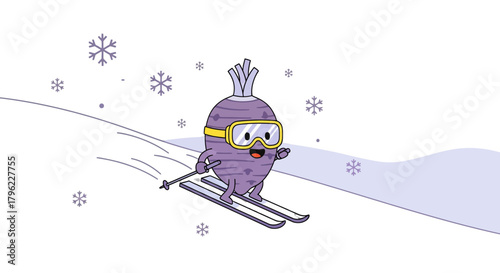 Animated Vegetable Skier Enjoying a Snowy Adventure on a Winter Landscape Illustration