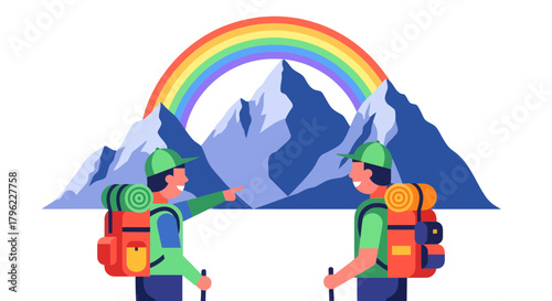 Adventurous Outdoor Explorers Enjoy A Mountain Hike Beneath a Vibrant and Stunning Rainbow