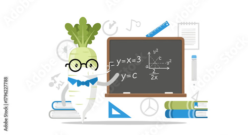 Animated Vegetable Teacher Explains Mathematical Concepts on Classroom Blackboard