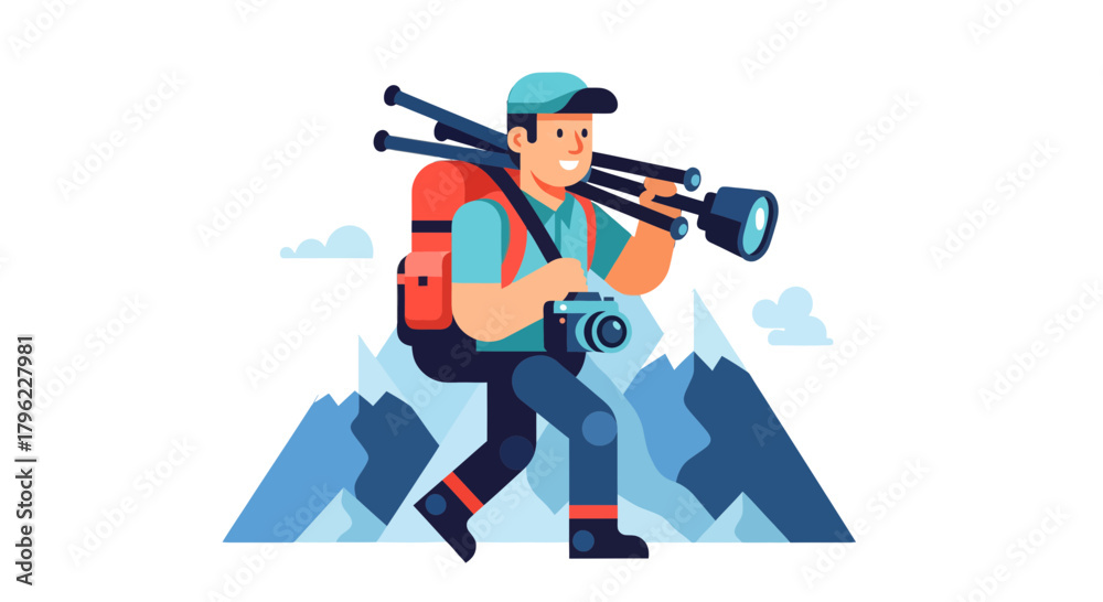 Fototapeta premium Adventurous Photographer With Professional Gear Exploring Majestic Mountain Peaks Scene
