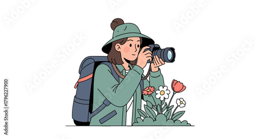 Adventurous Photographer Capturing Blooming Flora, A Nature Photography Illustration