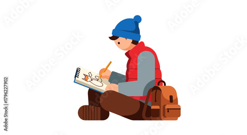 Artist Sketching Outdoors Amidst Wilderness With Backpack On Isolated Background