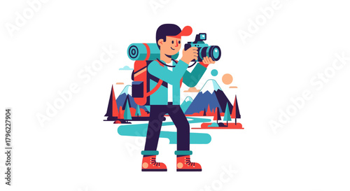 Adventurous Photographer Capturing Majestic Landscapes in Vector Composition Style