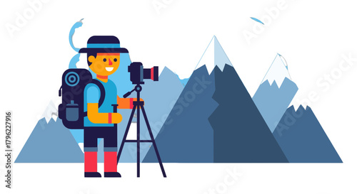 Adventurous Photographer Capturing Majestic Mountain Scenery Against a Dramatic Dark Sky