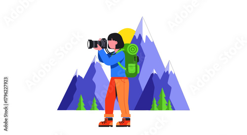 Adventurous Photographer Capturing Majestic Mountain Scenery At Sunrise Or Sunset