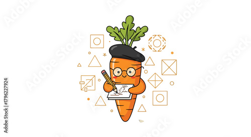 Artistic Carrot Character Sketching a Drawing with Geometric Shapes and Dark Background