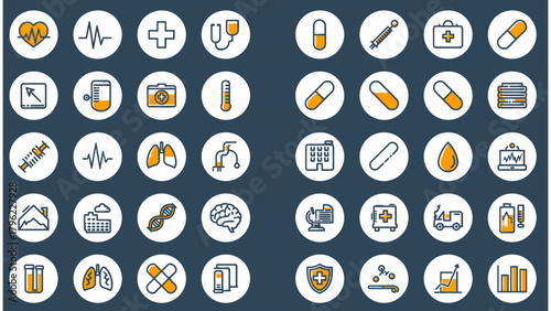 Medical And Health Care Icon Set Featuring Hospital, Medicine, And Medical Equipment Symbols