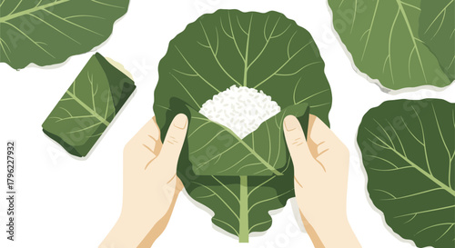 Artistic Illustration of Rice Wrapped in Leafy Greens, Artistic Culinary Presentation