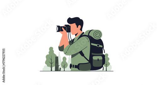 Adventurous Photographer Capturing Nature's Beauty, Ready For Hiking In The Wilderness