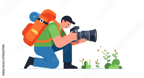 Adventurous Photographer Capturing Nature's Beauty With His Camera Equipment