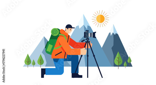 Adventurous Photographer Capturing Majestic Mountain Vista Under a Radiant Sunny Sky