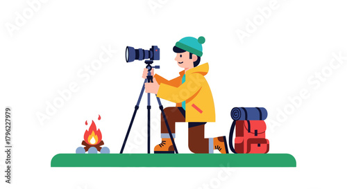 Adventurous Photographer Documenting The Wilderness With Backpack And Cozy Campfire