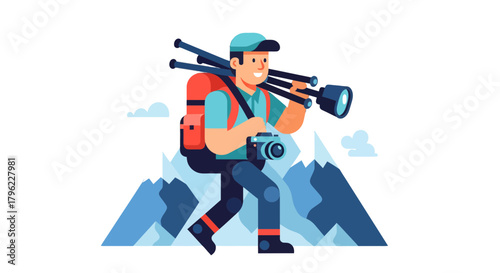 Adventurous Photographer With Professional Gear Exploring Majestic Mountain Peaks Scene