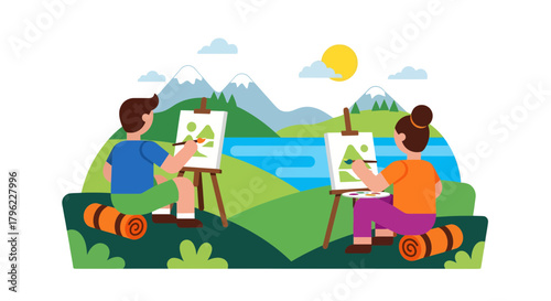 Artists Painting Landscape Outdoors, Capturing Scenery, Creative Expression And Nature