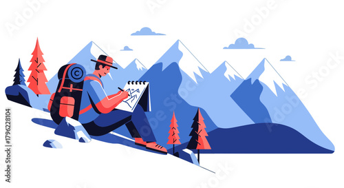 Adventurous Traveler Captures Mountain Vista In Artistic Illustration For Exploration Projects