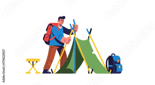 Adventurous Traveler Constructing A Tent In Nature For Outdoor Leisure And Camping