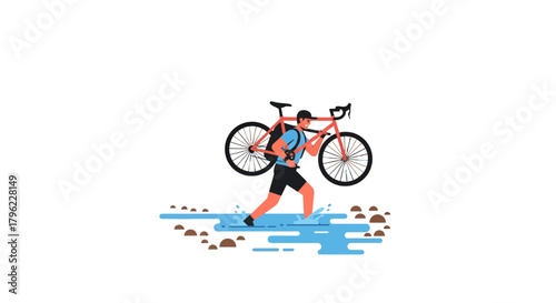 Athlete Carries Bicycle Across Stream, Demonstrating Endurance and Determination