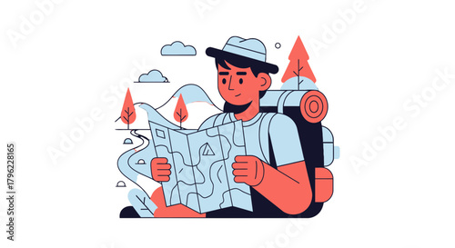 Adventurous Traveler Exploring a Topographical Map, Seeking Wilderness Adventure