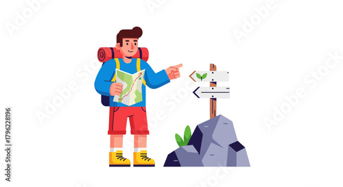 Adventurous Traveler Exploring Directions With Map And Signpost On The Black Background