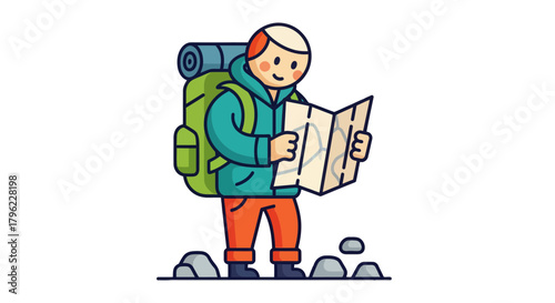 Adventurous Traveler Exploring Destination With Backpack and Map in Cartoon Illustration Style